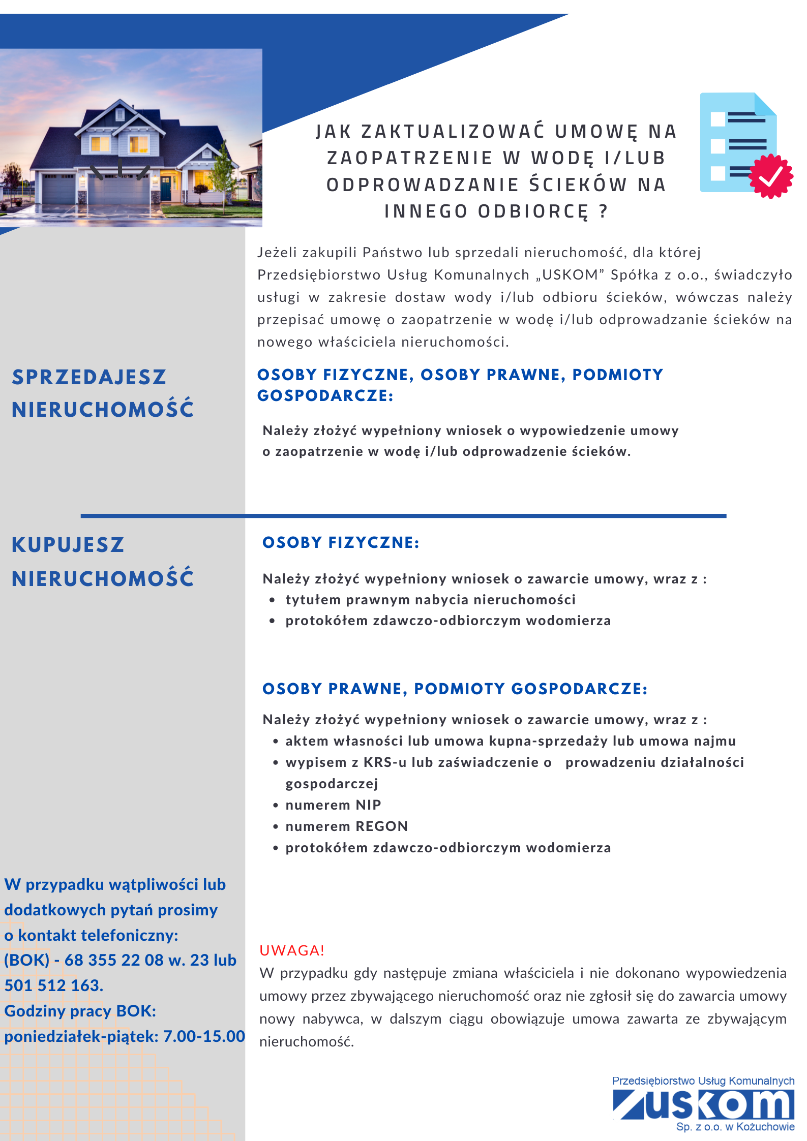 Jak zaktualizować umowę na zaopatrzenie w wodę i/lub odprowadzenie ścieków na innego odbiorcę
